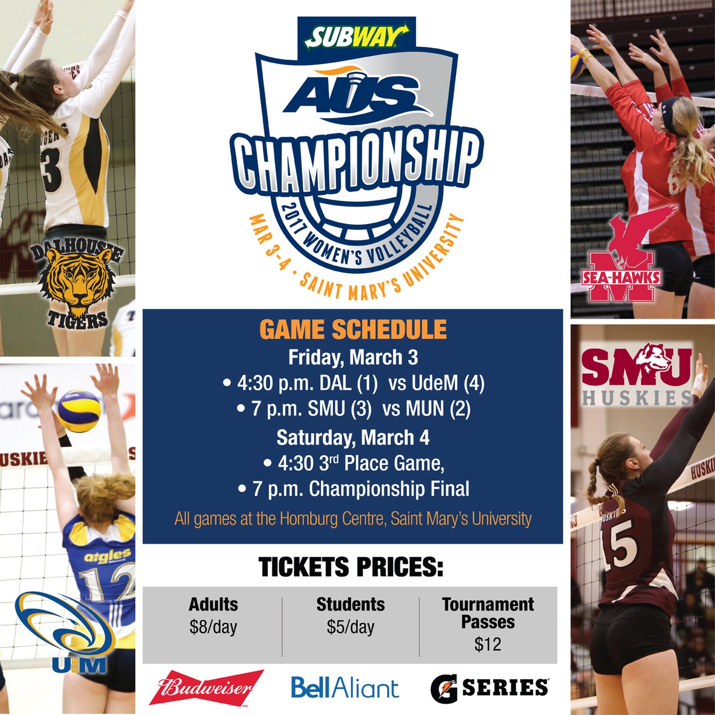 AUS Women's Volleyball Championships March 3/4, hosted by Saint Mary's University
