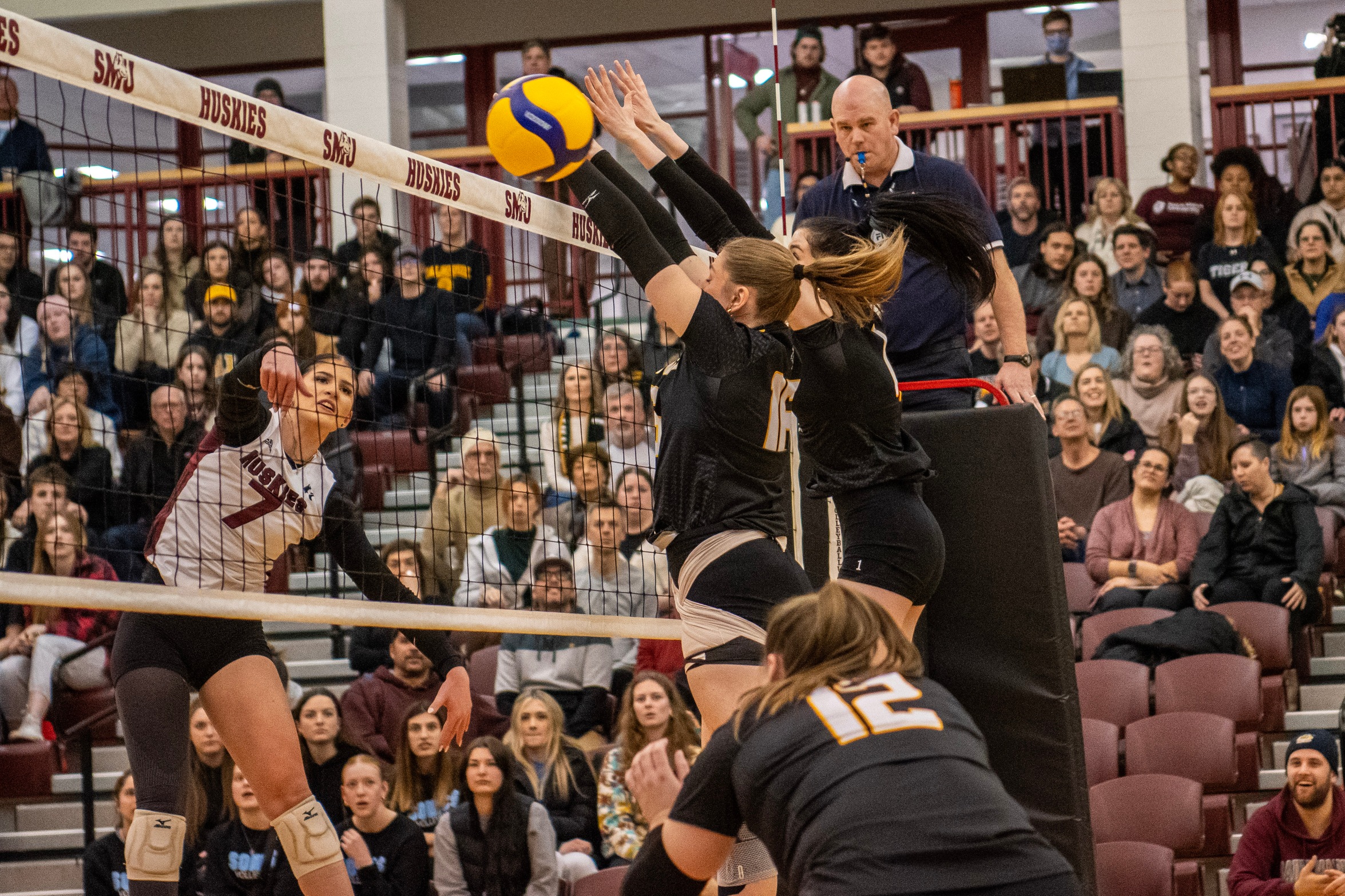 Mikanovich, Bell lead Huskies to straight set win over Tigers in game one of AUS semifinal
