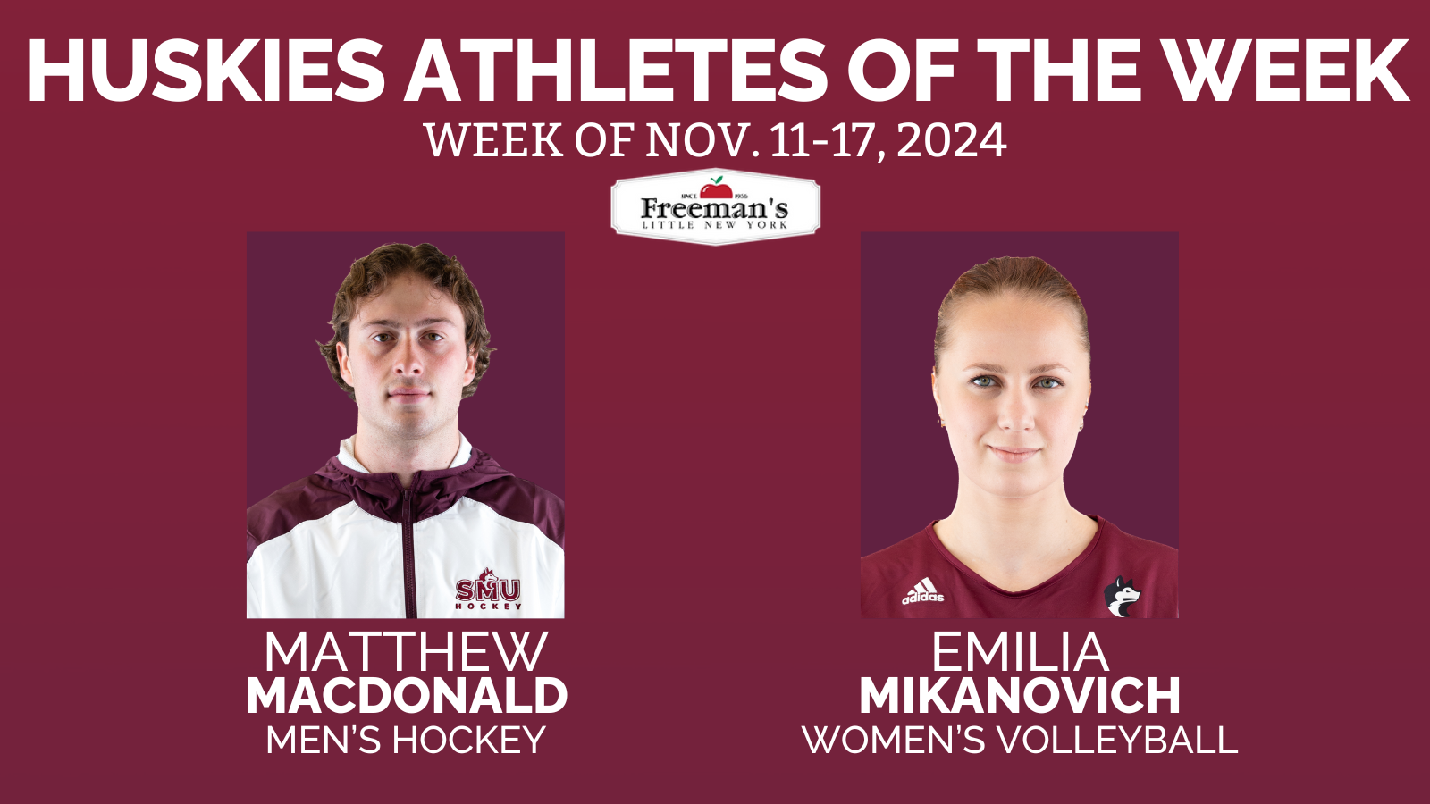 MacDonald and Mikanovich named Huskies Athletes of the Week: Nov. 11-17, 2024