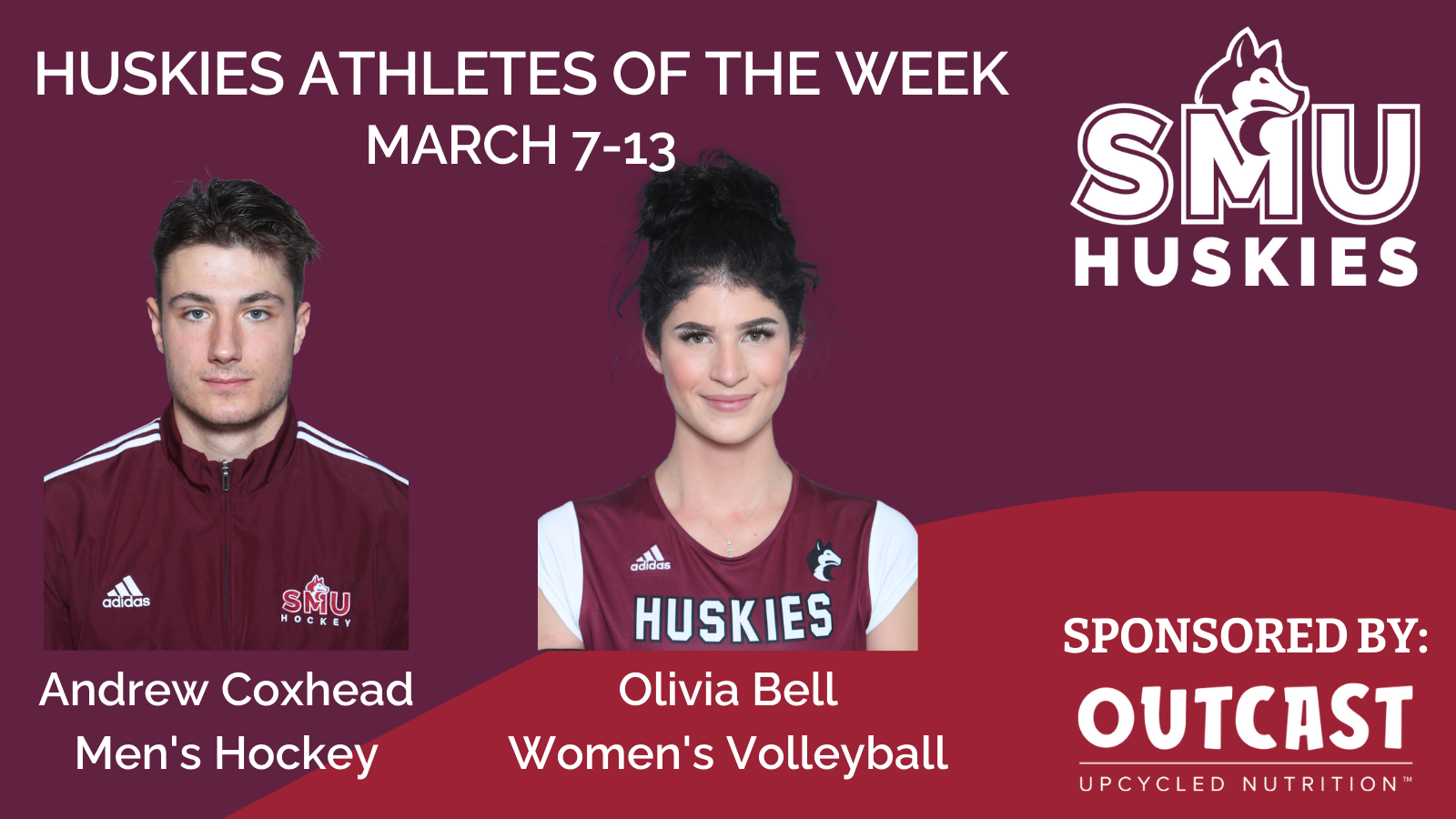 Men's hockey player Andrew Coxhead and women's volleyball player Olivia Bell have been named Huskies Athletes of the Week for the week of March 7-13, sponsored by Outcast Upcycled Nutrition.