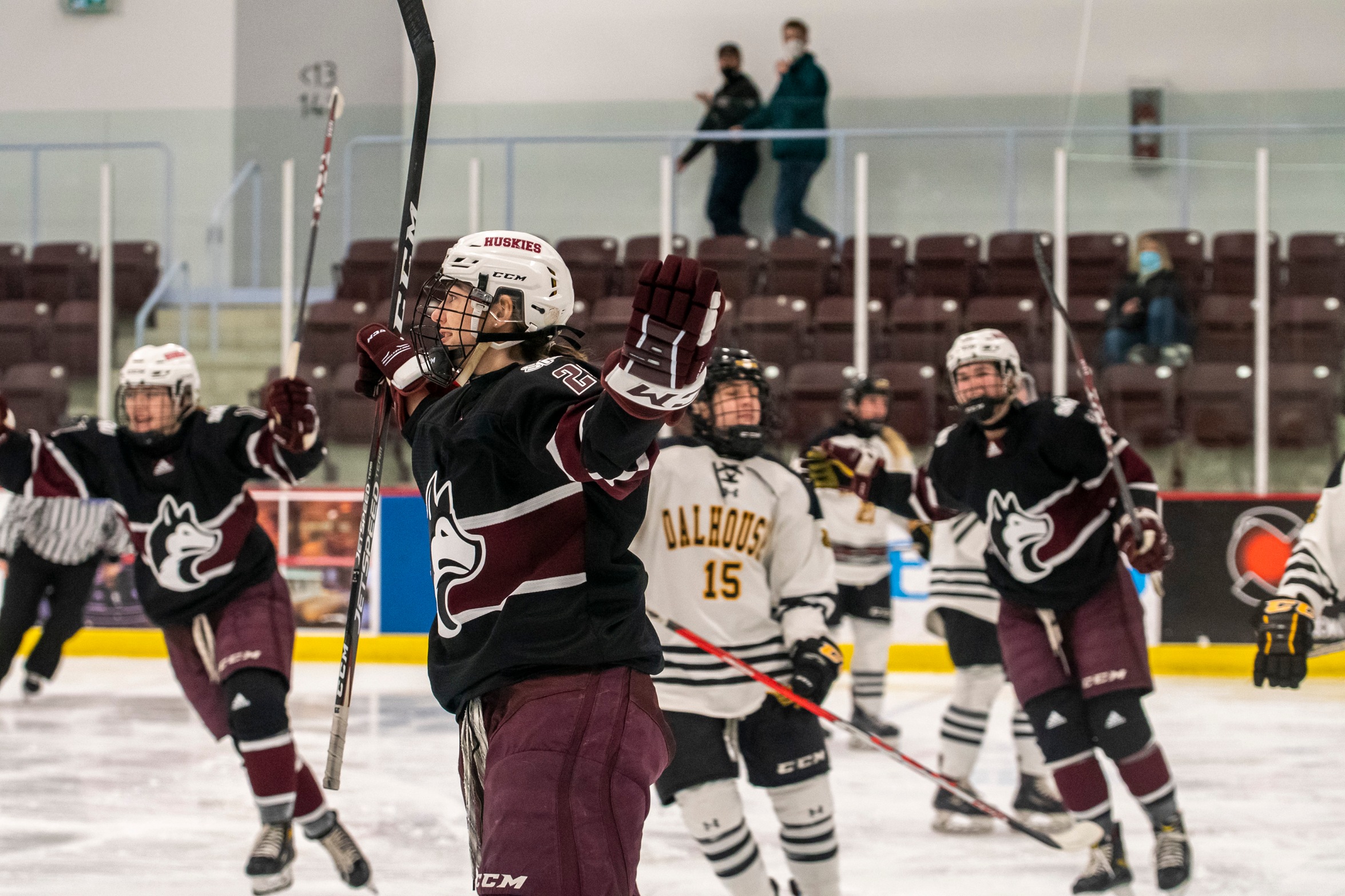 Huskies forward Mary McDonald celebrates after scoring a goal in Saint Mary's 5-0 win over the Dalhousie Tigers at the Dauphinee Centre on Feb. 23, 2022.