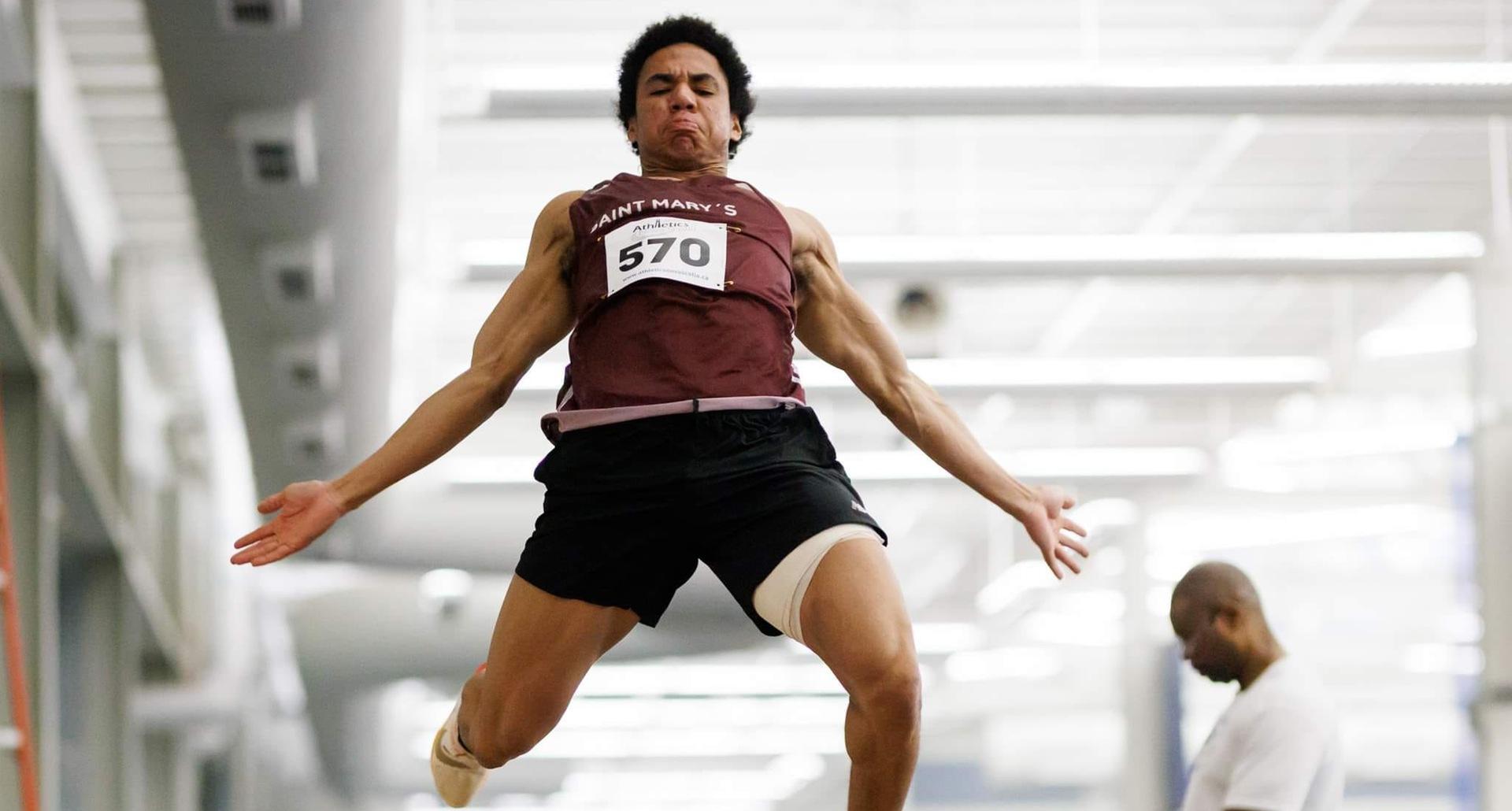 Huskies first year Dante Isadore jumped a massive personal best of 6.73m, taking the win in the men's Long Jump at the Athletics NS Indoor Open. (Photo by Paul Morris / Athletics Nova Scotia)